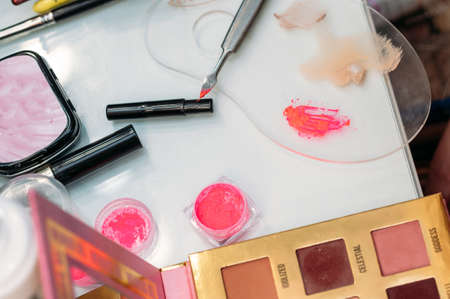 makeup brushes are in a drawer at the makeup artists workplace. close-upの写真素材
