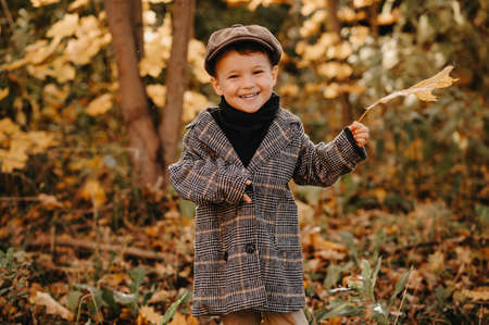 A happy baby boy is playing with a yellow maple leaf in the autumn season in the park.の写真素材