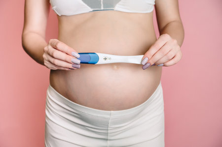 A happy expectant mom shows a close-up of her stomach holding a positive pregnancy test. The future mother.の写真素材