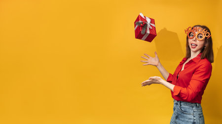 A young woman tosses a Christmas box in her hands on a yellow background. The concept of celebrating Christmas and New Year. A place for your text.の写真素材