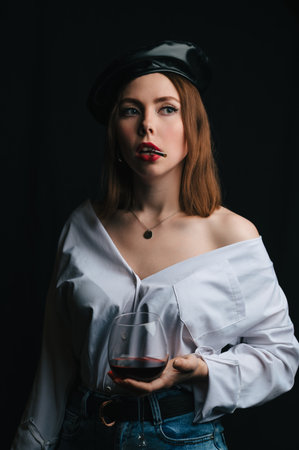 A young beautiful woman with dark hair and a beret on her head, with a glass of wine and a...