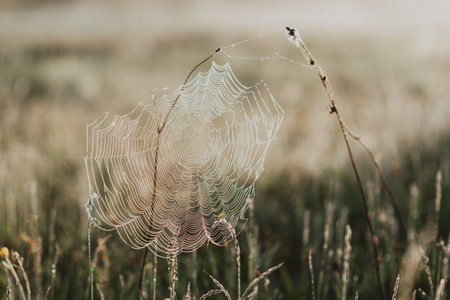 Close-up shot of green fresh grass in a field with morning dew drops with a spider webの写真素材