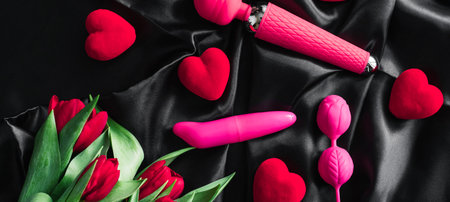 Various sex toys set on a black background. Advertising a sex shop. The view from the top. Spring. Tulips. Horizontal wide photo subtitle, cover. copy-spaceの写真素材