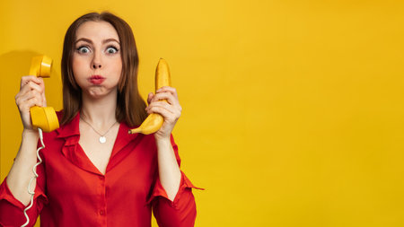 Funny face with a banana and a phone handset. A young woman with a smile holds a banana in her hand. Funny expressions. The concept of nutrition. Yellow style. Vitamins. Empty space for your text or advertisement.の写真素材