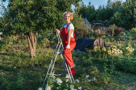 Portrait of a young woman gardener. A worker in a garden with ornamental plants standing on a stepladder.の写真素材