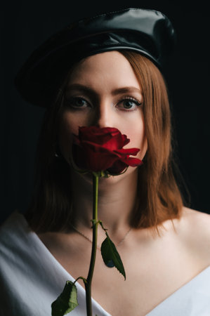 Portrait of a beautiful girl in a black beret. A young girl in the studio in the image of a Parisian woman with a red rose on her face. Red lips.の写真素材