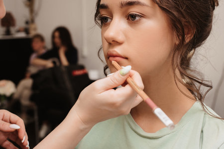 Shooting in a beauty salon. The master makeup artist paints the models lips with a lip pencil.の写真素材