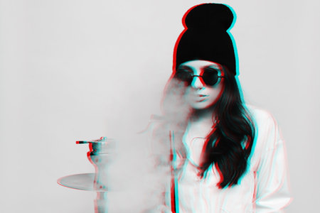 A young woman in a hipster image smokes a hookah, sheesha and enjoys smoking. Black and white with 3D glitch virtual reality effectの写真素材