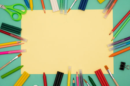 Back to school soon. buying stationery, flatley, a place to copy your text or advertising on a piece of paper. Bright background.の写真素材