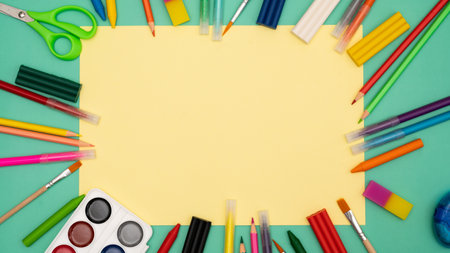 Back to school soon. buying stationery, flatley, a place to copy your text or advertising on a piece of paper. Bright background.の写真素材