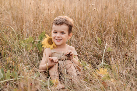A cute little laughing boy in a field of sunflowers holding a flower in his hands on a sunny summer evening. The golden hour. An authentic snapshot. Sincere emotions.の写真素材