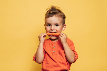 Studio shot of a smiling boy eating fresh carrots on a yellow background. The concept of healthy baby food, carotene.の写真素材