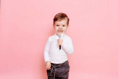 funny boy looking through magnifying glass with surpriseの写真素材