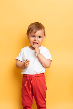 A little girl is eating a sweet lollipop on a stick. Yellow background. The concept of prevention of...