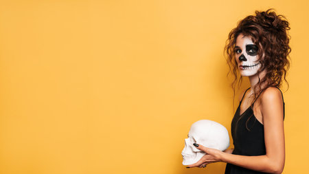 A young woman dressed in a Halloween costume with makeup for the holiday on a yellow isolated background with a skull in her hands. A place for your test or advertisement. The concept of celebrating Halloween.の写真素材