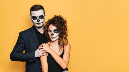 A Halloween couple in fancy dress with professional makeup poses together on a bright yellow background. Holiday traditions celebration and party concept. A place for your text.の写真素材