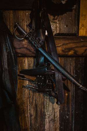Old antique swords hanging on the wallの写真素材
