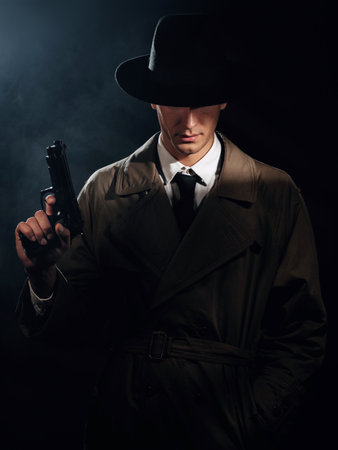 Silhouette of a male detective in a coat and hat with a gun in his hands. A dramatic noir portrait in the style of books and detective films of the 1950s.の写真素材