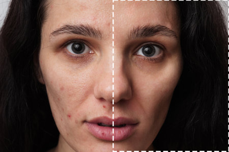 A close-up shot of the face of a young woman with skin problems - pimples, acne, enlarged pores. with and without filterの写真素材
