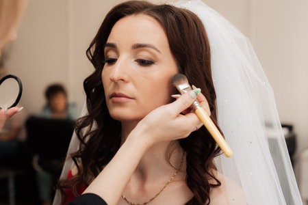 Make-up artist use brush to apply blush to the skin of girl modelの写真素材