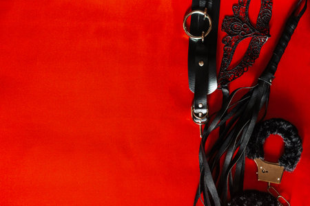 Set of toys for adults: handcuffs, anal plug, mask, whip. Space for textの写真素材