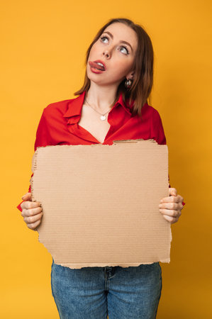 A beautiful positive young Caucasian woman is holding an empty banner on a yellow background. Copying space.の写真素材