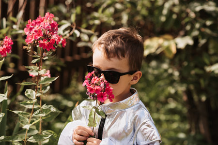 A little boy in an astronaut costume plays outside surrounded by flowers on a sunny dayの写真素材