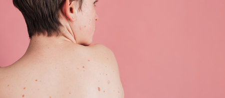 The back of a young woman with moles on the background. Without filters. Panoramic banner. A place...