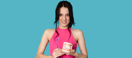 A young Caucasian brunette woman with a toothbrush and a jaw model on a blue background. A panoramic...