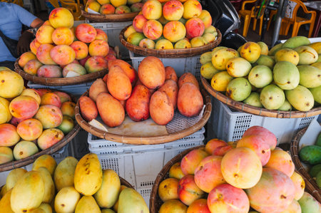 Various mango varieties are stored for sale on the market in Asia.の写真素材