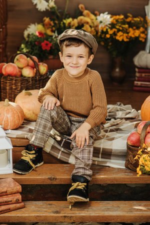 A Caucasian boy in a sweater sits on the porch of his house decorated with pumpkins in the autumn season.の写真素材
