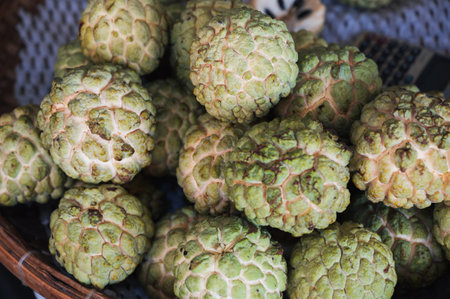 Close-up of Tropical fruits green peel custard appleの写真素材
