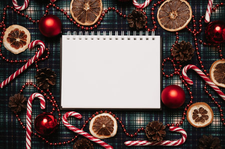Christmas New Year paper frame, flatley style with a top view with Christmas decorations made of balls, cones, christmas canes on a background in a cage. place for your textの写真素材
