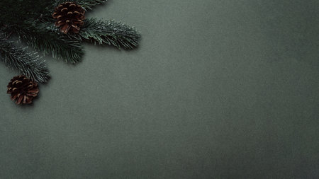 Christmas tree, cones, balls, on a solid green background. Empty space for your ad or text.の写真素材