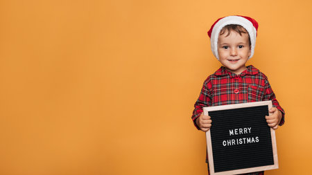 Studio photo of a baby boy in Christmas pajamas and a hat on a yellow background with a letter board with the text Merry Christmas in his hands. A place for your text, advertising.の写真素材