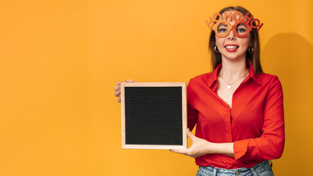 A young woman with a letter board in her hands on a yellow background. The concept of celebrating Christmas and New Year. A place for your text.の写真素材