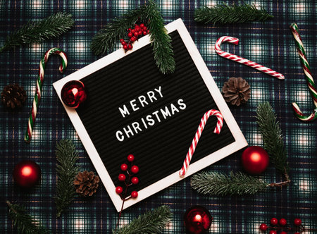 Merry Christmas lettering in plastic letters on an old vintage letter board. On the background there are caramel canes, balls, cones and fir branches. Top view. Flatley. Christmas greeting card.の写真素材