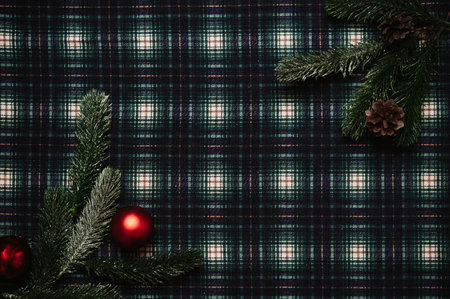 Christmas New Year frame, flatley style with a top view with Christmas decorations made of cones, fir branches on a background in a cage, place for your textの写真素材