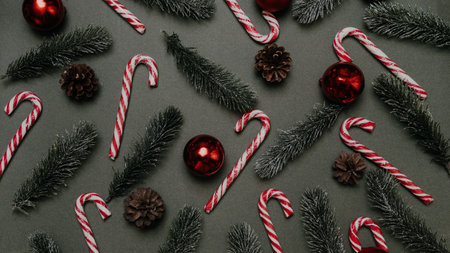 Christmas. Ornament of fir branches, balls, caramel canes and cones.の写真素材