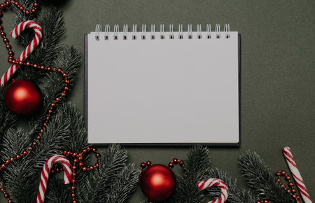 Christmas fir branches, cones, balls and caramel reeds on a solid green background. Empty space for your ad or text.の写真素材