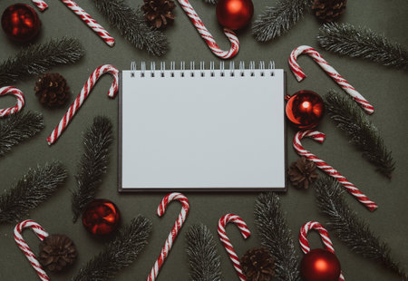 New Years flatley. Christmas fir branches, cones, balls and caramel reeds on a solid green background. Empty space for your ad or text.の写真素材