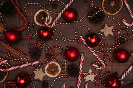 Christmas pattern of Christmas decorations, balls, cones, spices. In the style of flatley. The concept of celebrating the New Year. Top view.の写真素材