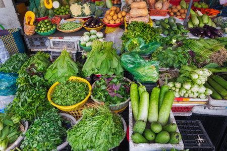 Various vegetables and herbs on the market.の写真素材