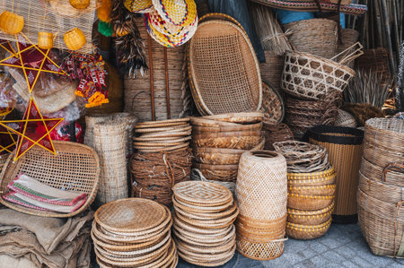 there are many hand-woven bamboo baskets on the market in Asia.の写真素材