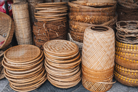 A variety of baskets made of rattan, bamboo.の写真素材