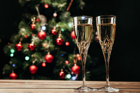 Champagne glasses on the background of a decorated Christmas tree. New Yearの写真素材