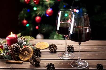 Glasses of wine on the background of a decorated Christmas tree. New year moodの写真素材