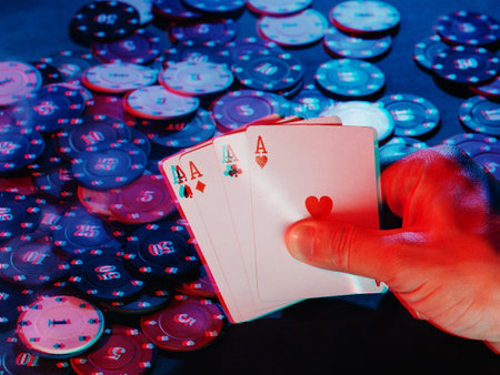 mens hands hold aces cards against the background of playing chips. the photo shows smoke. 3D glitch...