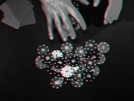 mens hands place a bet with playing chips. Black and white with 3D glitch virtual reality effectの写真素材
