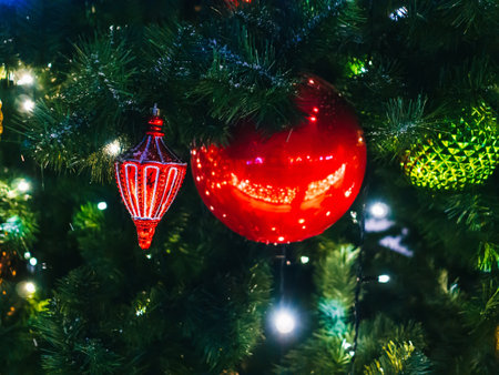 Christmas toys on the Christmas tree close-upの写真素材